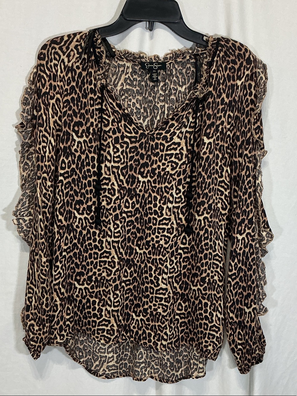 Jessica Simpson Leopard Print V-Neck Ruffle Sleeve Blouse - Tan & Black
